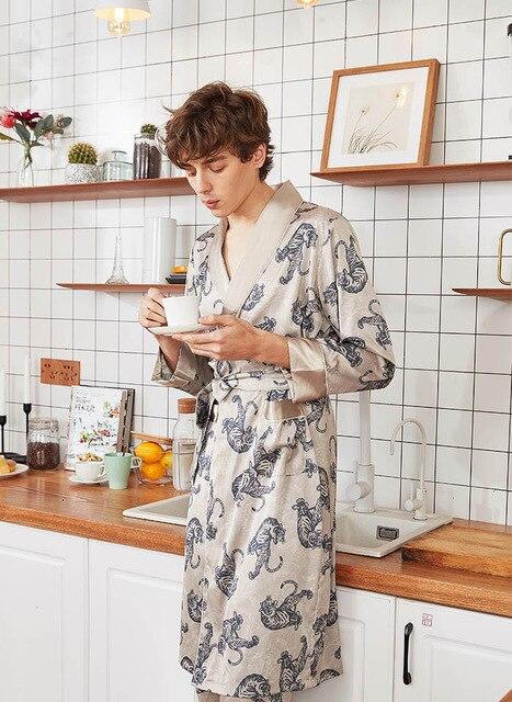 Men Imitation Silk Home Service Suit Tiger Patterned Pajamas Robe Sets Long-Sleeved Nightgown+Long Sleep Pants Men Belt Bathrobe