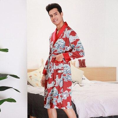 Casual Men Robe Kimono Bathrobe Sleepwear Autumn Long Sleeve Faux Silk Nightgown Peignoir Badjas Male Long Home Wear C68458AD