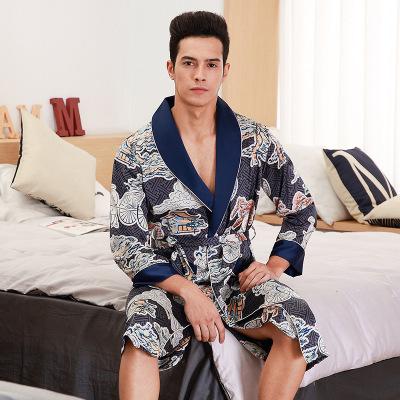 Casual Men Robe Kimono Bathrobe Sleepwear Autumn Long Sleeve Faux Silk Nightgown Peignoir Badjas Male Long Home Wear C68458AD
