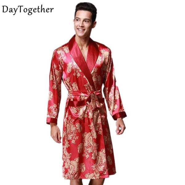 Luxury Faux Silk Home Clothing Men Bathrobe Kimono Robes V-neck Faux Silk Male Sleepwear Nightwear Man Satin Nightgown