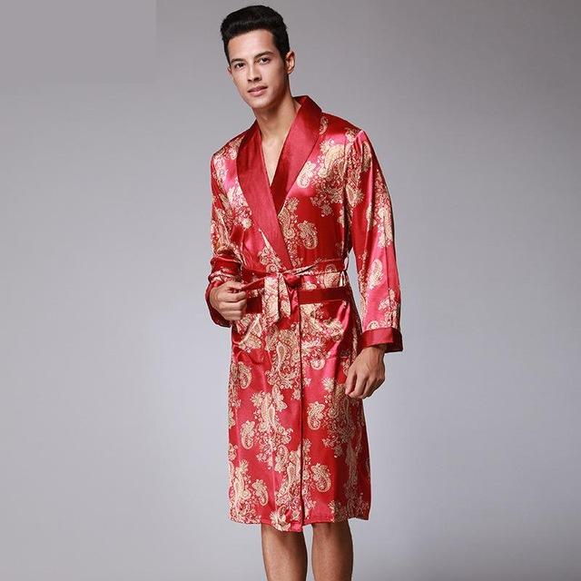 Luxury Faux Silk Home Clothing Men Bathrobe Kimono Robes V-neck Faux Silk Male Sleepwear Nightwear Man Satin Nightgown