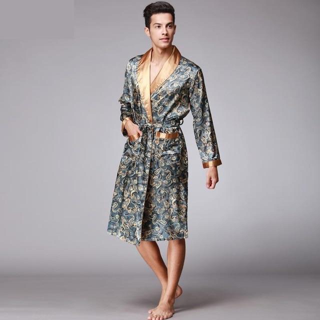 Men Kimono Robes V-neck Faux Silk bathrobes Nightgown For Male Senior Satin Sleepwear Summer Paisley Pattern Pajamas Set