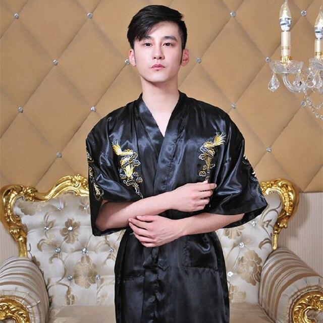 Navy Blue Chinese Men's Silk Satin Robe Embroidery Kimono Bath Gown Dragon Summer Male Nightgown Size S M L XL XXL XXXL
