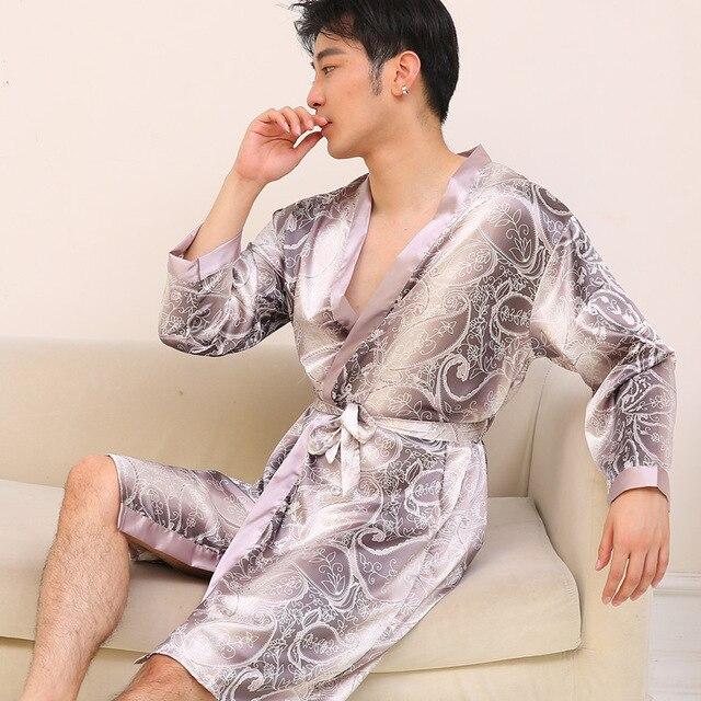 2019 summer nightgown men robe pajamas silk satin long sleeve bathrobe lounge arabe kurtas dress shirt gown masculina islamic