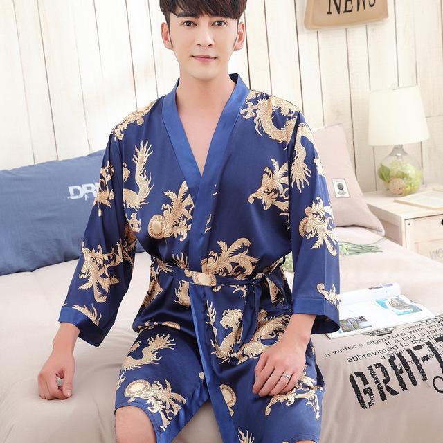 2019 summer nightgown men robe pajamas silk satin long sleeve bathrobe lounge arabe kurtas dress shirt gown masculina islamic