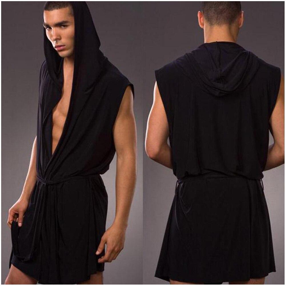 2018 Fashion Men Sleeveless Hooded Robes Black White Gray Coffee Sexy Men Summer Silk Robe Gown Male Bathrobe Nightgown