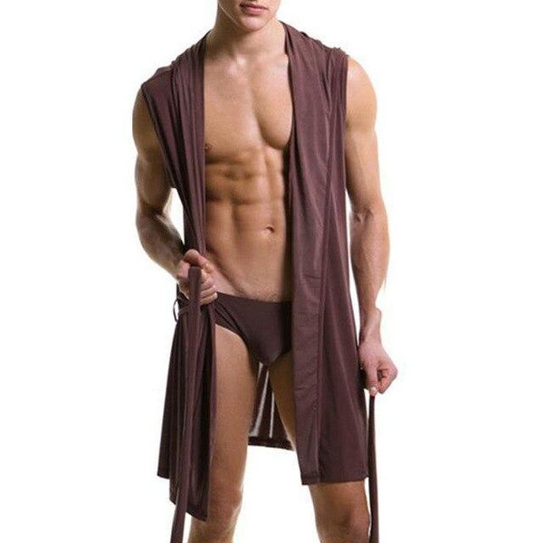2018 Fashion Men Sleeveless Hooded Robes Black White Gray Coffee Sexy Men Summer Silk Robe Gown Male Bathrobe Nightgown
