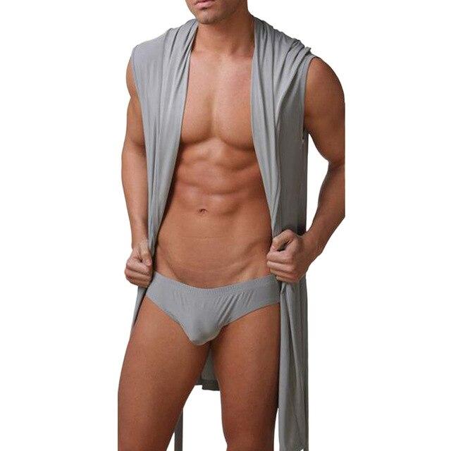 2018 Fashion Men Sleeveless Hooded Robes Black White Gray Coffee Sexy Men Summer Silk Robe Gown Male Bathrobe Nightgown