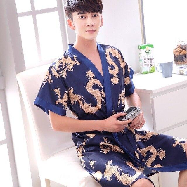 2019 summer faux silk mens robe dressing gown for man sleepwear mens kimono male night gowns men pajamas dragon bathrobe