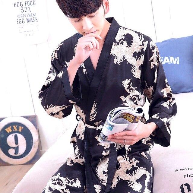 2019 summer faux silk mens robe dressing gown for man sleepwear mens kimono male night gowns men pajamas dragon bathrobe