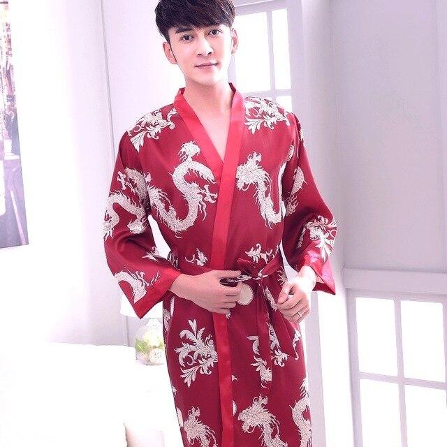 2019 summer faux silk mens robe dressing gown for man sleepwear mens kimono male night gowns men pajamas dragon bathrobe
