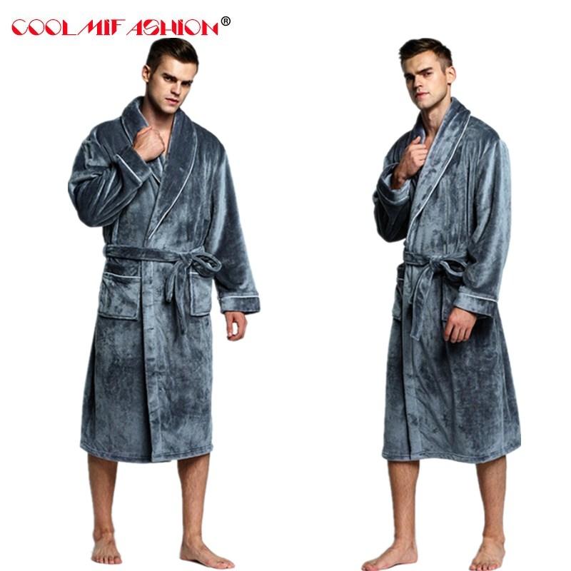 CooLMiFashion Men's Soft as Silk Luxury Fur Long Warm Bathrobe Men Flannel Winter Bath Robe Male Dressing Gown Mens Night Robes