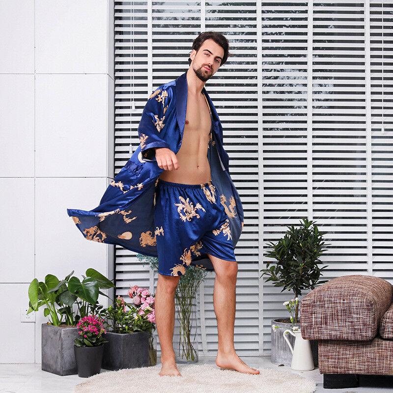 Men Bathrobe Silk Satin Pajama Set Sleepwear Night Gown Shorts Sleep Sets C5