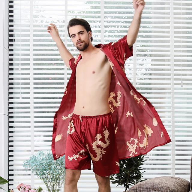 Lovers Silk Printing Robe In National Sling Robe Ma'am Pajamas Man Short Sleeve Spinning Real Silk Bathrobe Shorts Set