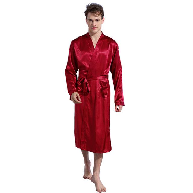 Men's Bathrobe Robe Solid Color Silk Pajamas Pockets Long Sleeve Loose Sleepwear Nightgown Kimono Homme Dressing Gown
