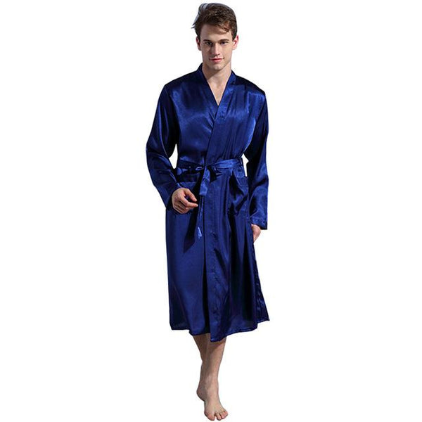 Men's Bathrobe Robe Solid Color Silk Pajamas Pockets Long Sleeve Loose Sleepwear Nightgown Kimono Homme Dressing Gown