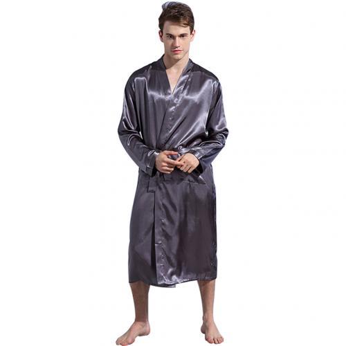 Men's Bathrobe Robe Solid Color Silk Pajamas Pockets Long Sleeve Loose Sleepwear Nightgown Kimono Homme Dressing Gown