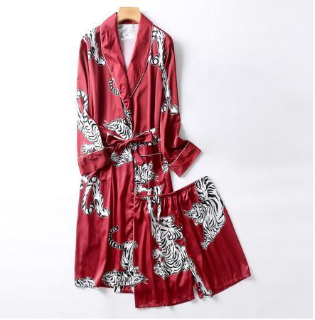 Two-Pieces Silk Nightgown Satin male Sleepwear Loose Animal Silky Long Sleeve Robe and Long Pants bathrobe set for Men
