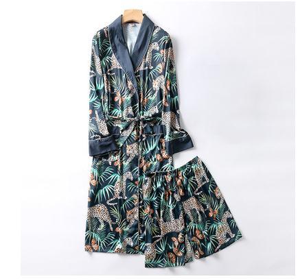 Two-Pieces Silk Nightgown Satin male Sleepwear Loose Animal Silky Long Sleeve Robe and Long Pants bathrobe set for Men