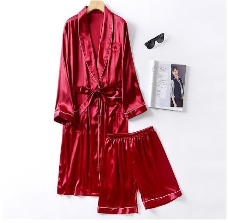 Two-Pieces Silk Nightgown Satin male Sleepwear Loose Animal Silky Long Sleeve Robe and Long Pants bathrobe set for Men