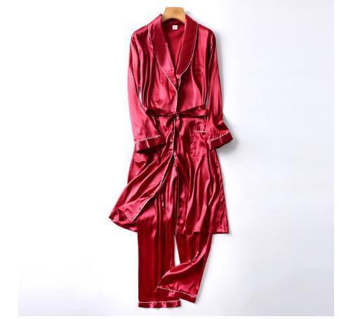 Two-Pieces Silk Nightgown Satin male Sleepwear Loose Animal Silky Long Sleeve Robe and Long Pants bathrobe set for Men