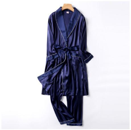 Two-Pieces Silk Nightgown Satin male Sleepwear Loose Animal Silky Long Sleeve Robe and Long Pants bathrobe set for Men