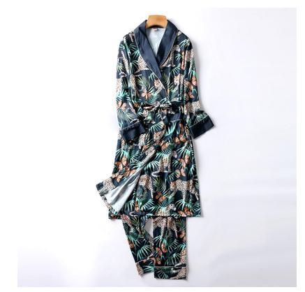 Two-Pieces Silk Nightgown Satin male Sleepwear Loose Animal Silky Long Sleeve Robe and Long Pants bathrobe set for Men