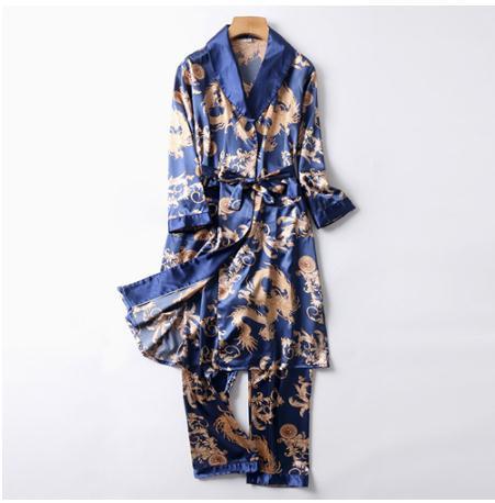 Two-Pieces Silk Nightgown Satin male Sleepwear Loose Animal Silky Long Sleeve Robe and Long Pants bathrobe set for Men