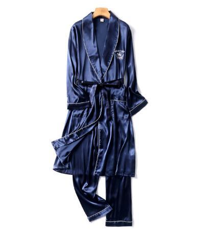 Two-Pieces Silk Nightgown Satin male Sleepwear Loose Animal Silky Long Sleeve Robe and Long Pants bathrobe set for Men