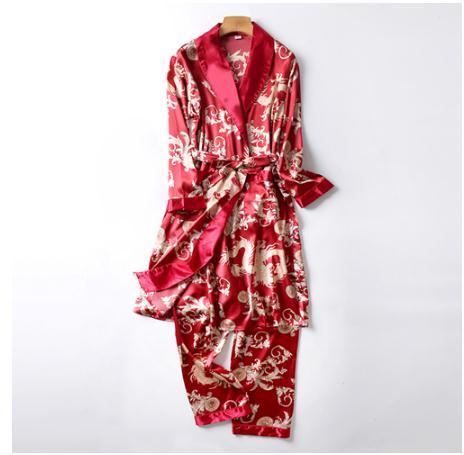 Two-Pieces Silk Nightgown Satin male Sleepwear Loose Animal Silky Long Sleeve Robe and Long Pants bathrobe set for Men