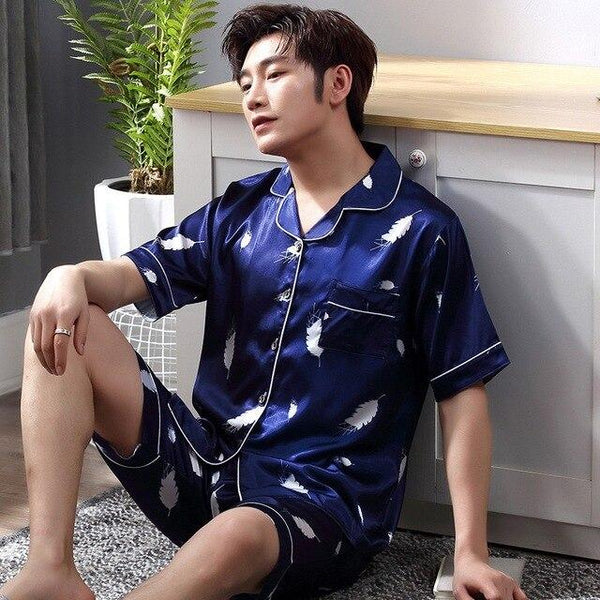 Summer Short Sleeved Men Pyjamas Imitate Silk Polyester Men Pajama Sets Satin Print Pajama Man Sleepwear Pajamas Nightgowns 3XL