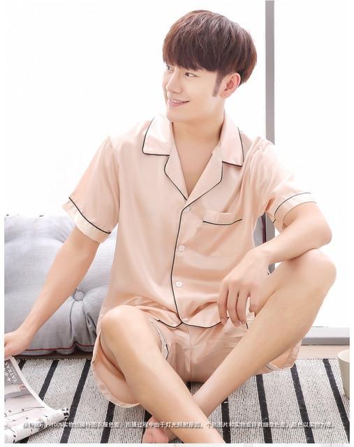 Men's Silk Pajama Set Men Pajamas Silk Sleepwear T-shirt + Shorts Male Soft Satin Nightgown Men Summer Pijama Home Clothing