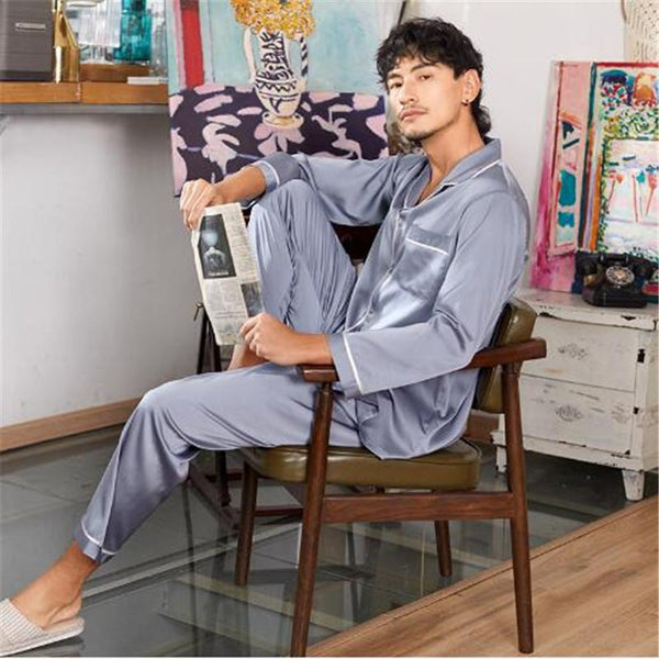 Men's Solid Silk Pajama Set Smooth aristocracy Men Pajamas Silk Sleepwear Men Sexy Modern Style Soft Cozy Satin Nightgown Men Su