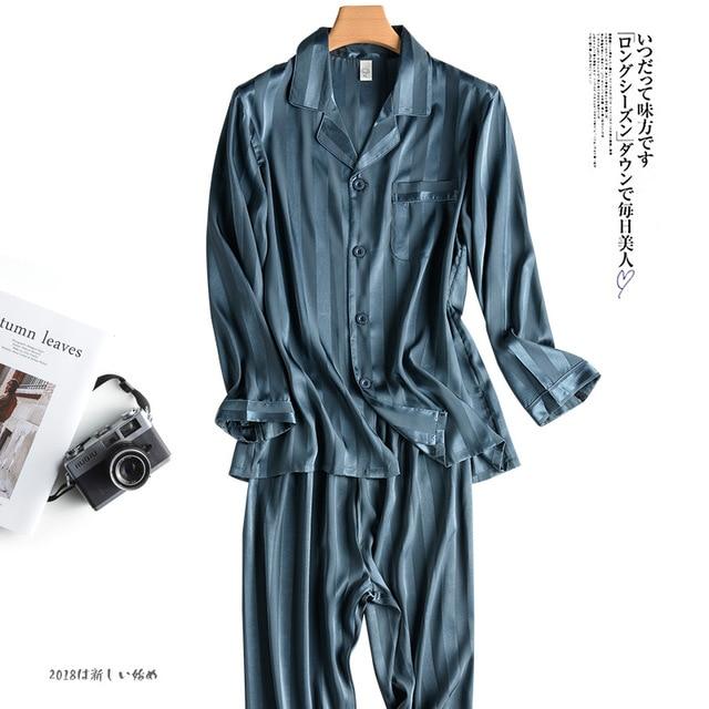 2019 pijama men pajamas set breathable soft silk homewear striped tops +pants nightgown pyjamas comfy men sleepwear set