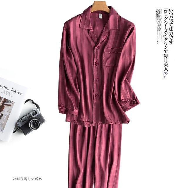 2019 pijama men pajamas set breathable soft silk homewear striped tops +pants nightgown pyjamas comfy men sleepwear set
