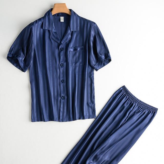 2019 pijama men pajamas set breathable soft silk homewear striped tops +pants nightgown pyjamas comfy men sleepwear set