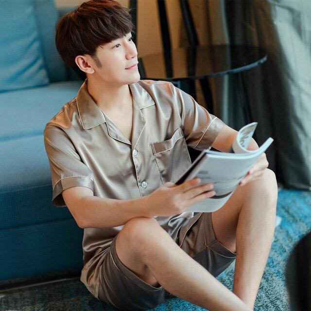 2019 summer satin silk pajamas shorts for men rayon silk sleepwear male pajama set soft nightgown for men pyjamas