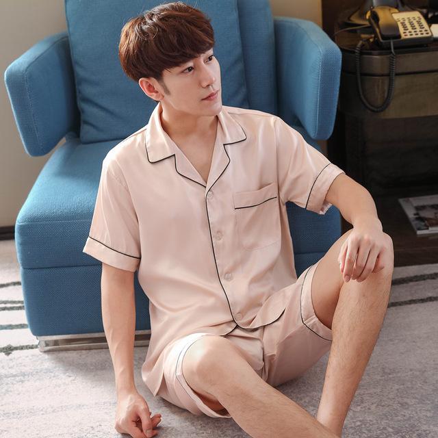 2019 summer satin silk pajamas shorts for men rayon silk sleepwear male pajama set soft nightgown for men pyjamas