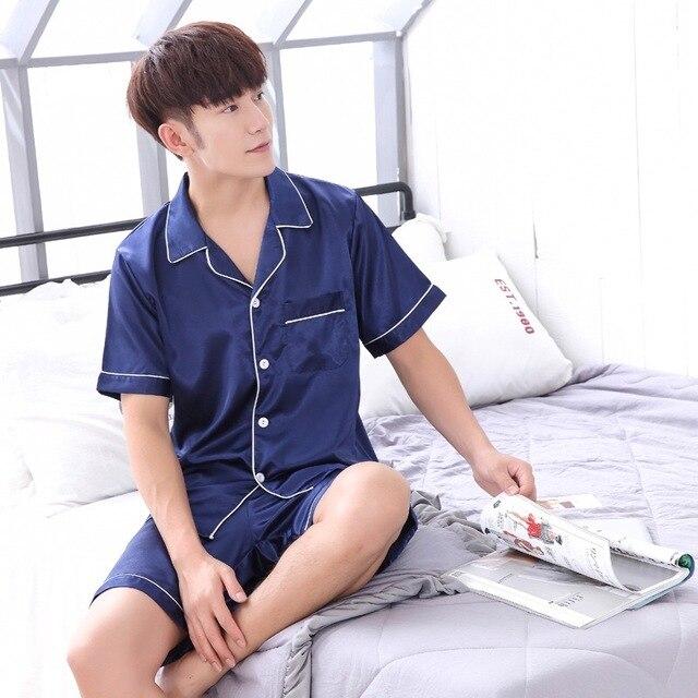 Satin Silk Pajamas Shorts For Men Summer Sleepwear Male Pajama Set Soft Nightgown For Men Pyjamas Sleep Lounge Big Size L-3XL