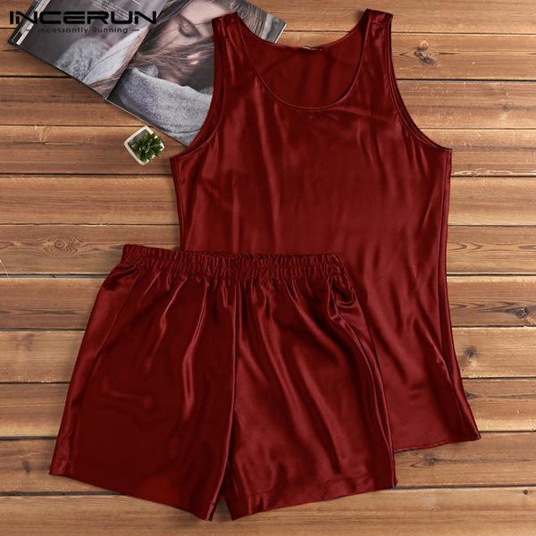 INCERUN Summer Silk Satin Men Pajamas Set Homewear Sleeveless Vest Shorts Breathable Soft Nightgown Men Sleepwear Set Pyjamas