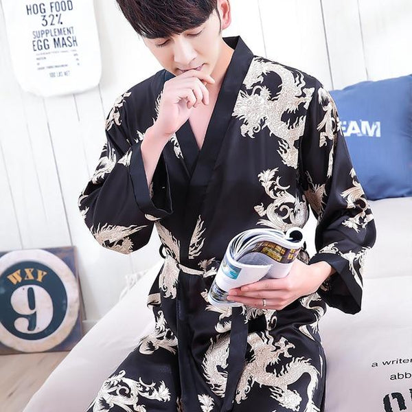 2019 men stain silk pajama set men pajamas silk sleepwear robe soft cozy satin nightgown men dragon print couple pajamas
