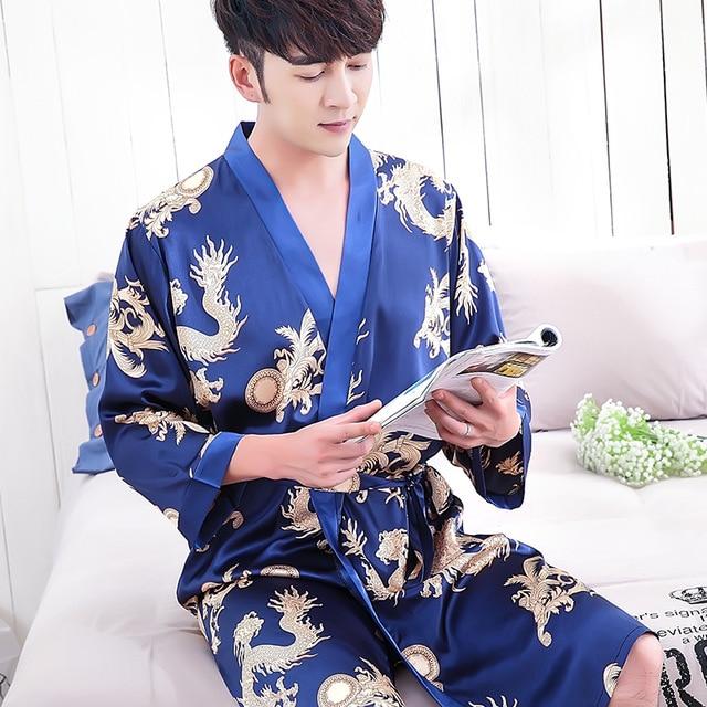 2019 men stain silk pajama set men pajamas silk sleepwear robe soft cozy satin nightgown men dragon print couple pajamas