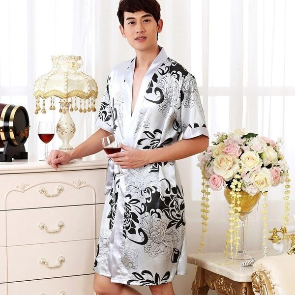 2019 men stain silk pajama set men pajamas silk sleepwear robe soft cozy satin nightgown men dragon print couple pajamas