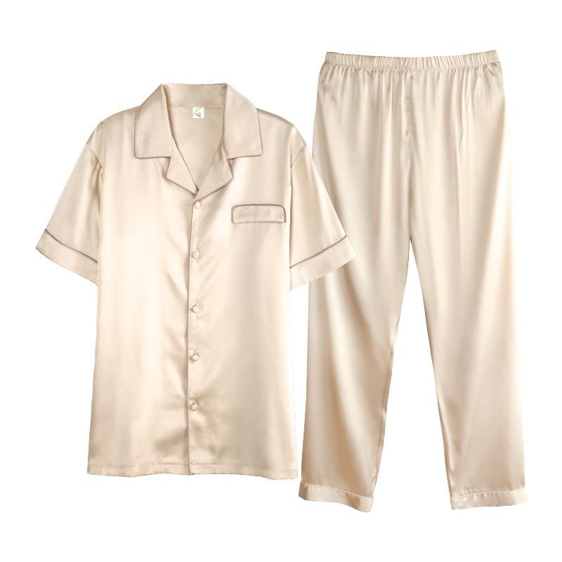 High-grade Gold Satin Silk Pajamas Short Sleeve For Men Silk Long Pants Sleepwear Summer Male Pajama Set Soft Nightgown For Men
