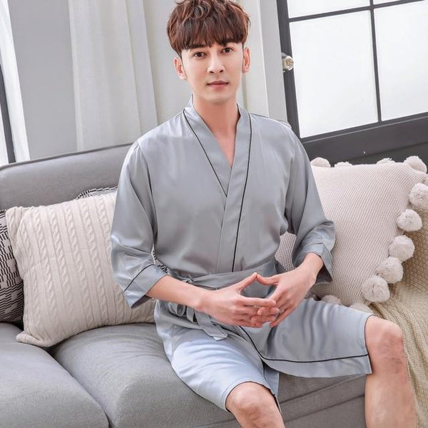 2019 men stain silk pajama set men pajamas silk sleepwear robe soft cozy satin nightgown men dragon print couple pajamas