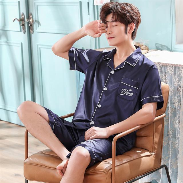 Summer Men Pyjama Set Solid Imitate Silk Men Pajama Suit Short Sleeve Satin Pajama Man Sleepwear Male Nightgown sleep wear man