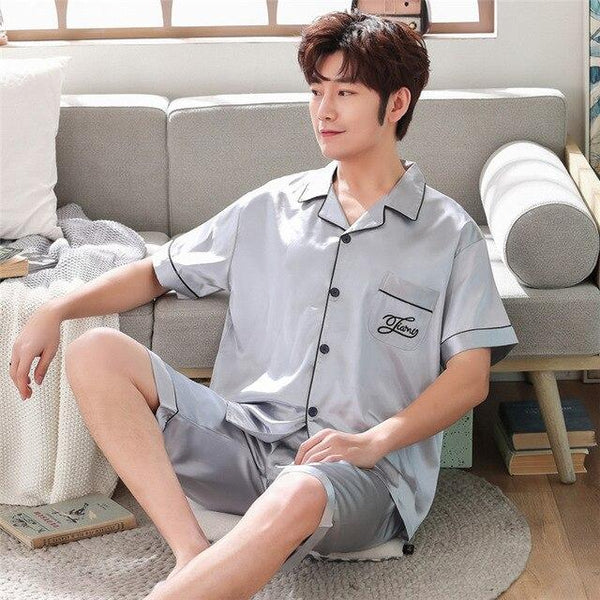 Summer Men Pyjama Set Solid Imitate Silk Men Pajama Suit Short Sleeve Satin Pajama Man Sleepwear Male Nightgown sleep wear man