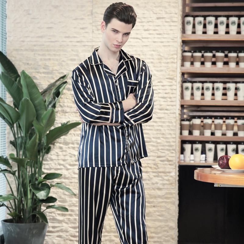 Men's Stripe Silk Pajama Set Men Pajamas Silk Sleepwear Men Sexy Modern Style Soft Cozy Satin Nightgown Men Summer