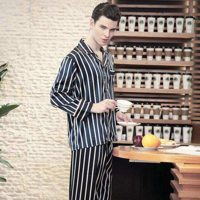 Men's Stripe Silk Pajama Set Men Pajamas Silk Sleepwear Men Sexy Modern Style Soft Cozy Satin Nightgown Men Summer