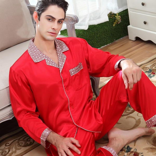 2019 New Satin Silk Pajamas For Men Long Sleeves Silk Sleepwear Summer Male Pajama Set Soft Nightgown For Men Pyjamas